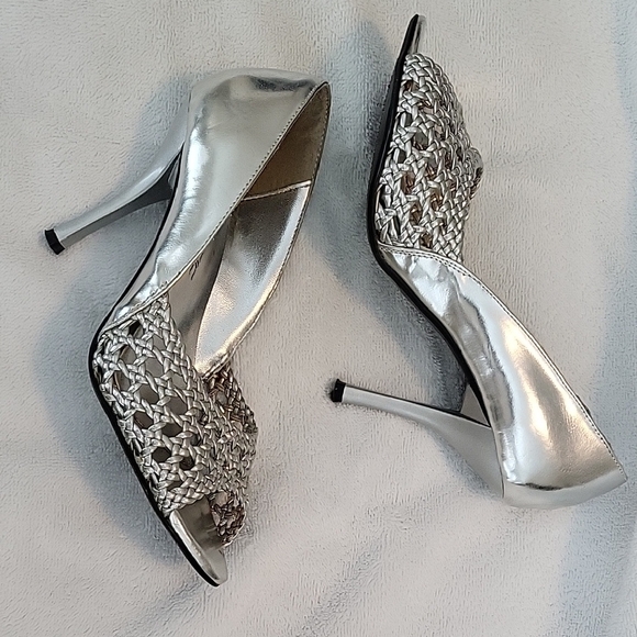 Traffic Silver Satin Peep-Toe Heels - Picture 2 of 5